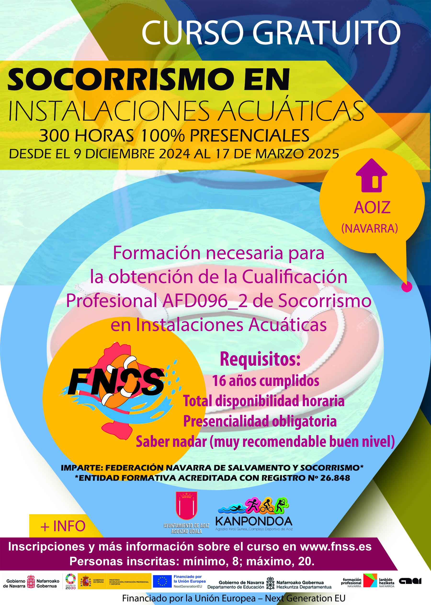 Nuevo Curso gratuito de Socorrismo en Instalaciones Acu&aacute;ticas en la localidad navarra de Aoiz